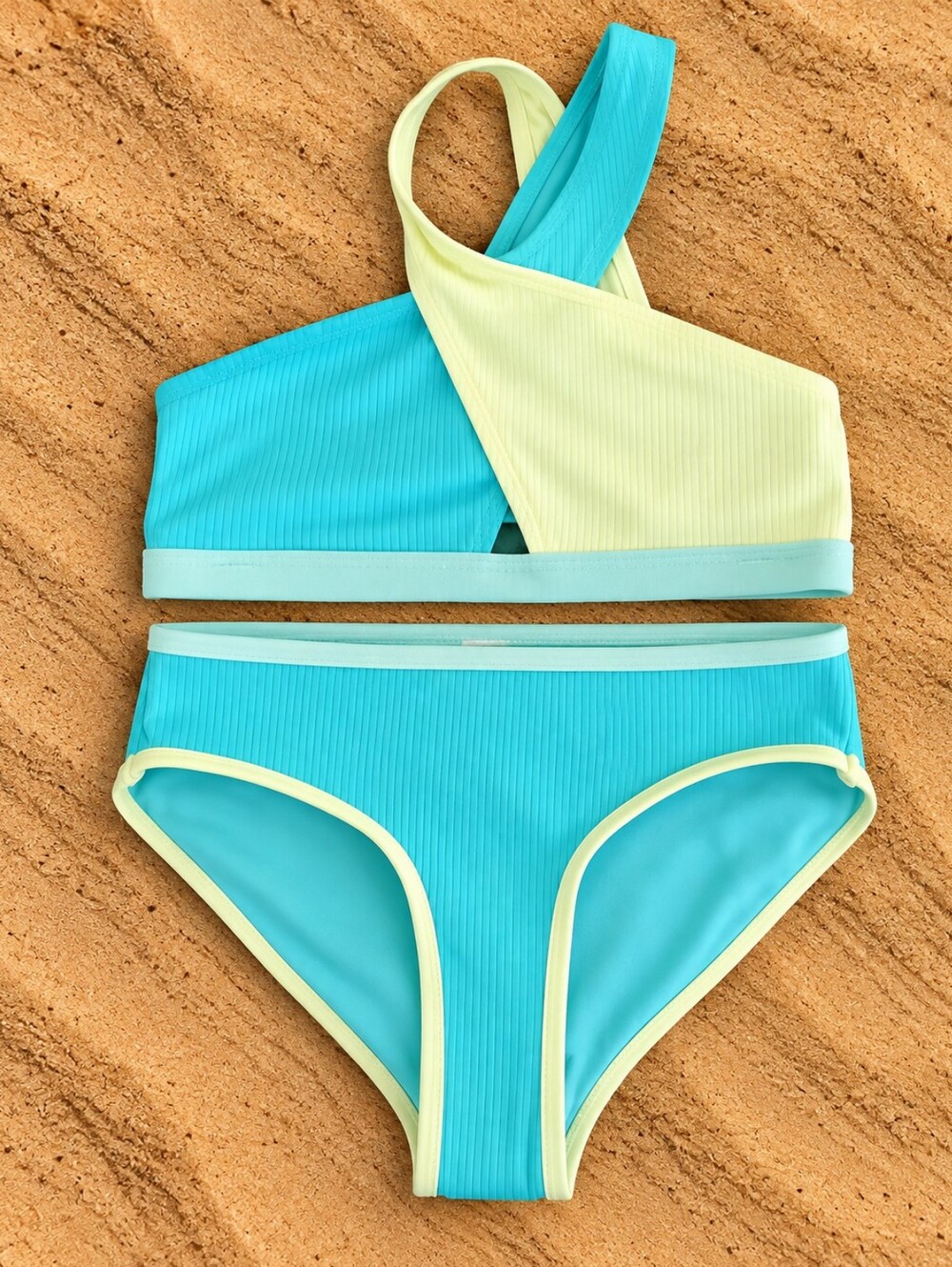 Justice Girls Size 7/8 Teal Ribbed Cross Neck 2 Piece Bikini NWT